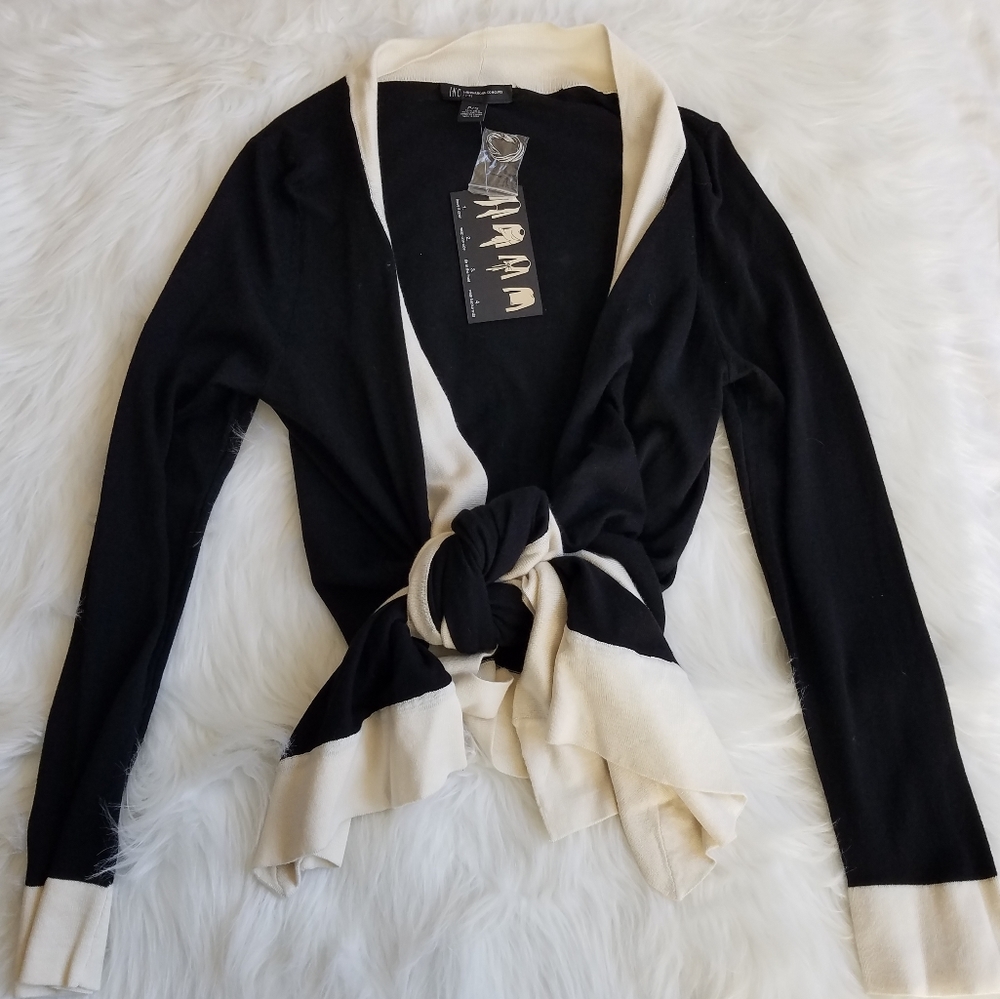 NWT INC Petite Black Cream 4-way Wrap Cardigan